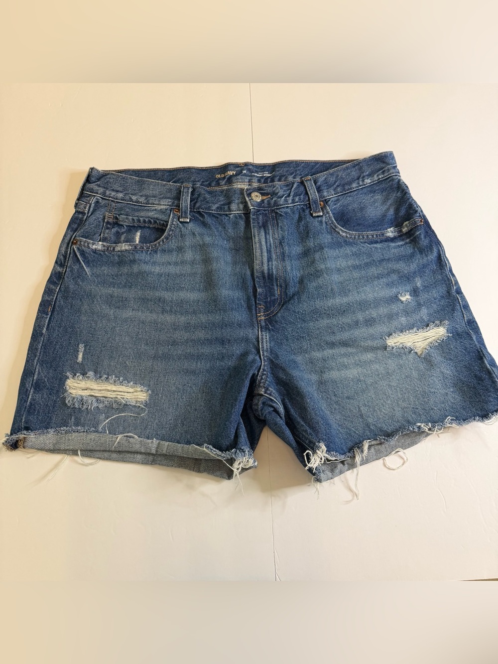Old Navy High-Rise Slouchy Straight Denim Shorts Size 14 Distressed Cutoff 5.5”